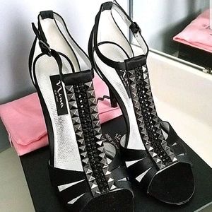 NINA 8.5M Black Satin Rhinestone Open Toe Heels